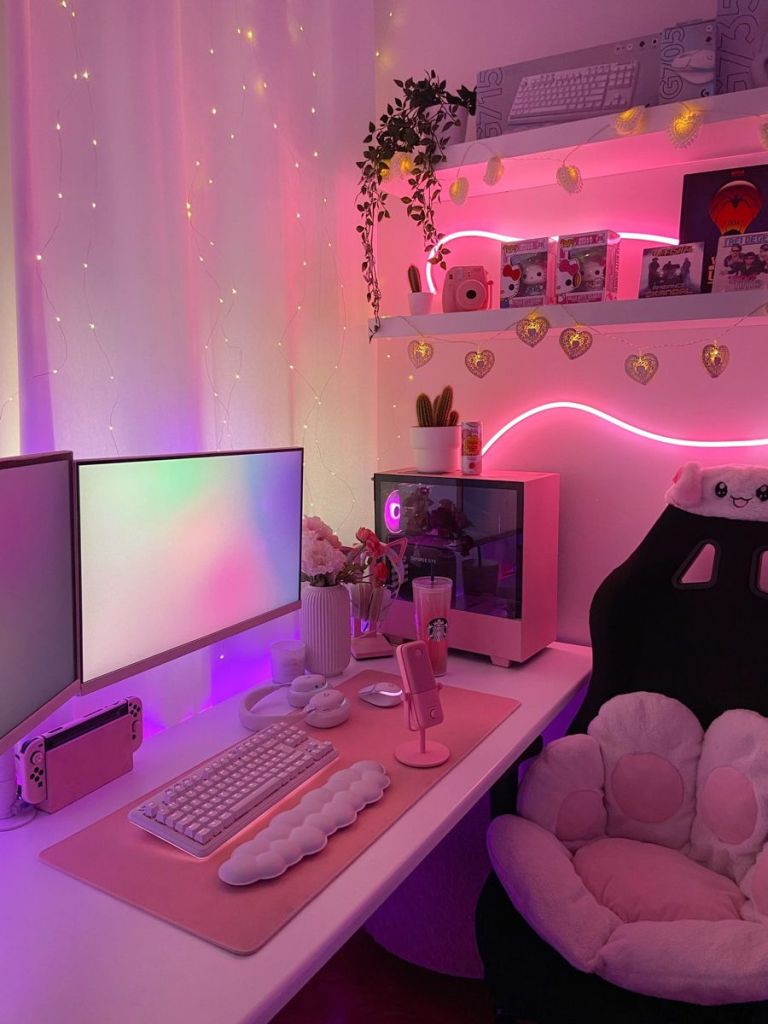 Pink Dreamscape Gaming Desk Setup